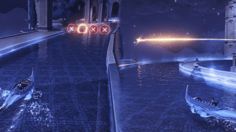 물 위에서 빛의 구슬 쫓기